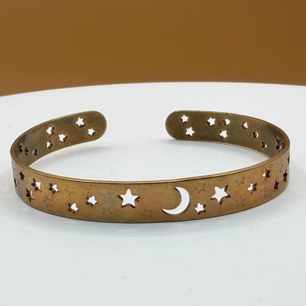 Antiqued Gold Tone Moon Star Cuff Bracelet Celestial Boho Gothic Statement Gift